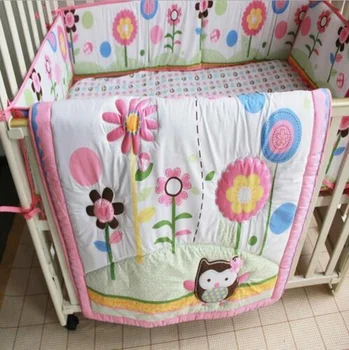 

6 Piece Baby Bedding Set 3D Flowers Owl Nursery Quilt Bumper Sheet Crib Skirt Baby Boy Crib Bedding Baby Beds Baby Quilt