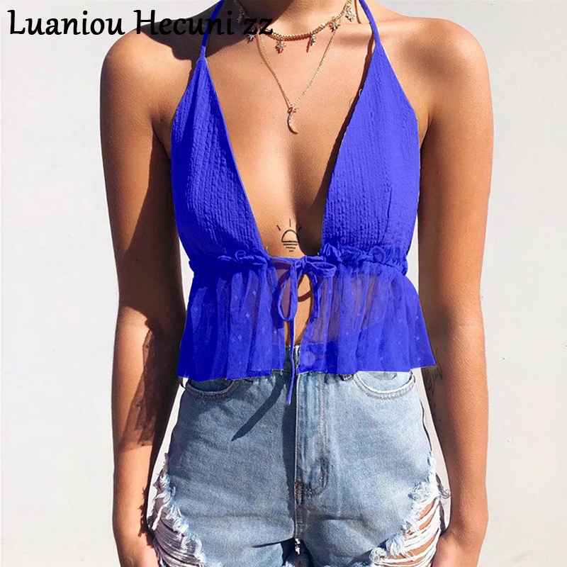 

Chu Ni Sexy halter neck short camis 2019 women Bohemian lace up boho style tops Summer beach strap lace crop top female LS17