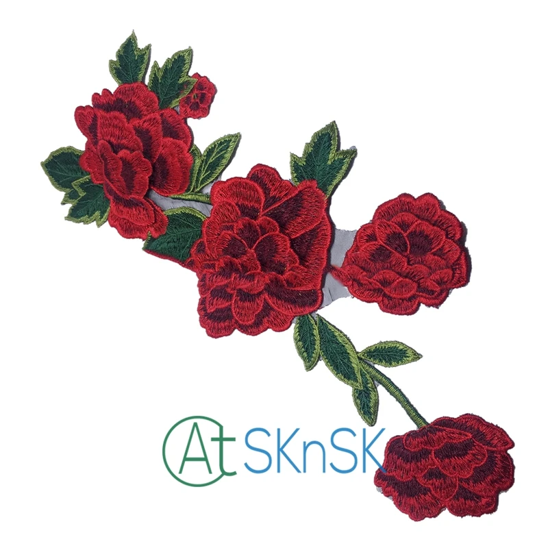 New Flower Red Rose Blossom Applique Embroidery Patch Fabric Sticker