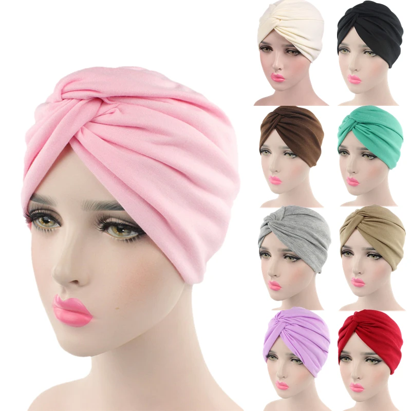 

Muslim Womens Solid Stretch Turban Hat Scarf Headwear Cap Head Wrap Chemo Beanies Bows Hair Accessories turbante