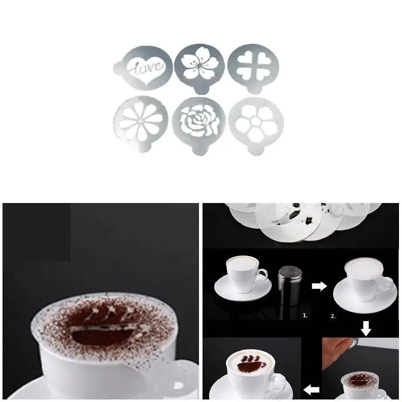 

6Pcs/Set Coffee Stencil Plastic Milk Cake Cupcake Template Barista Cappuccino Latte Printing Model Spray Decoration Tool HFing