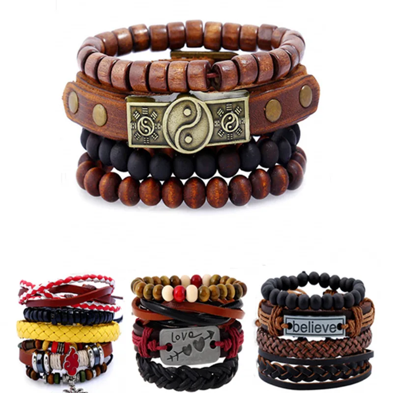 

New Fashion Leather Anchor Bracelets & Bangle Men 3/4 Pieces 1 Set Multilayer Beaded Bracelet Vintage Bracelet Handmade Pulseira
