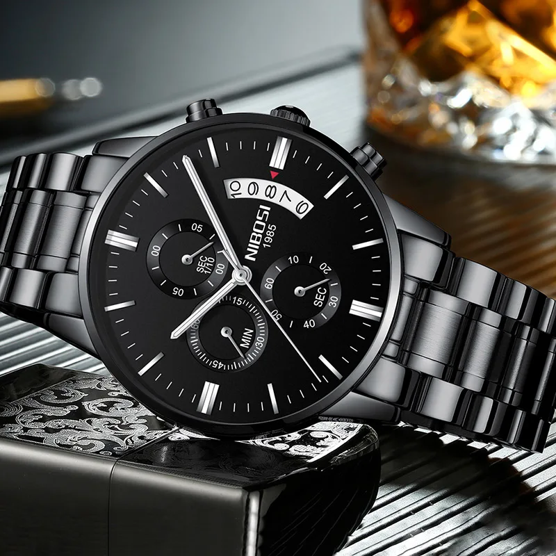 

Nibosi Watches Men Black Chronograp Analog Quartz Clock Watches Men Luxury Brand Men's Wrist Watch Military Relogio Masculino
