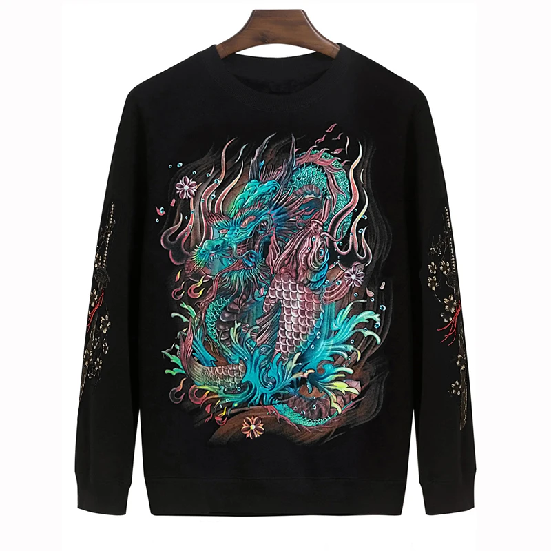 

Winter Plus size 2xl-8xl 9xl men fleece Hoodies print outerwear large male o-neck collar Embroidery dragon Sweatshirts 160 cm
