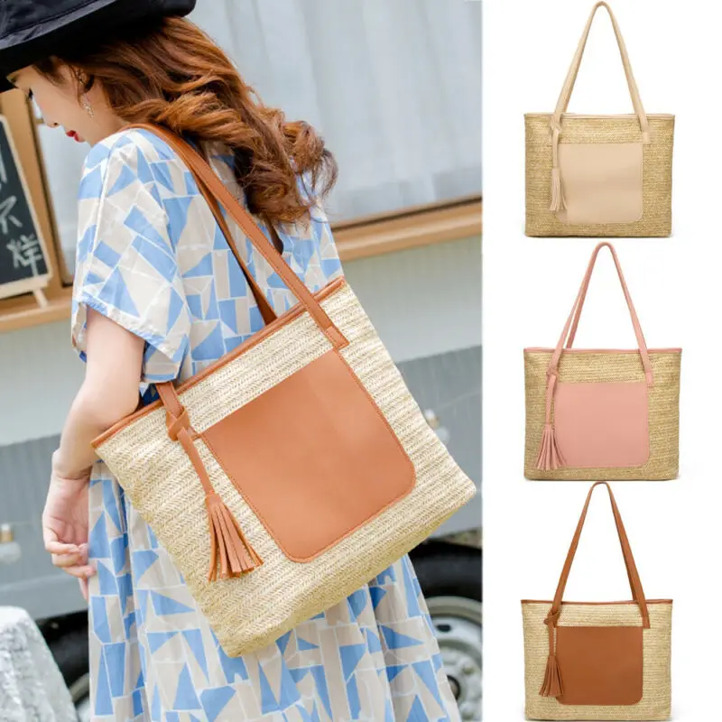 Для женщин летние пляжные Винтаж ручной вязки соломенная плетеная Сумка из ротанга Блестящие модные удобные большие сумки через плечо