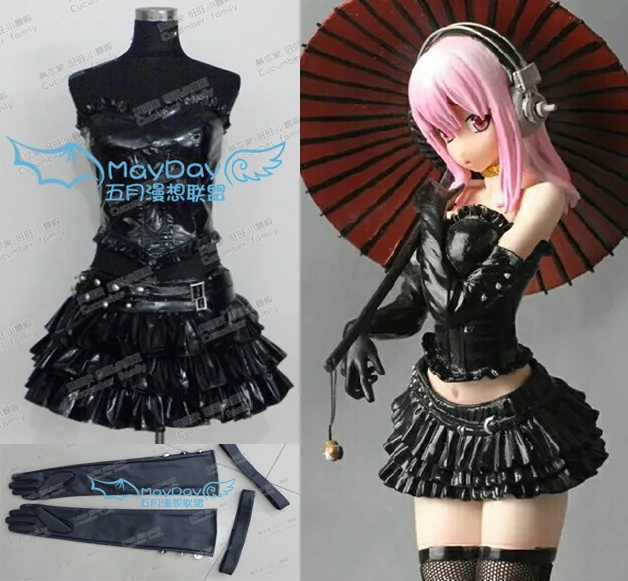 

Custom Made Nitro Super Sonic Super sonico Cosplay Costume black leather clothing top+skirt