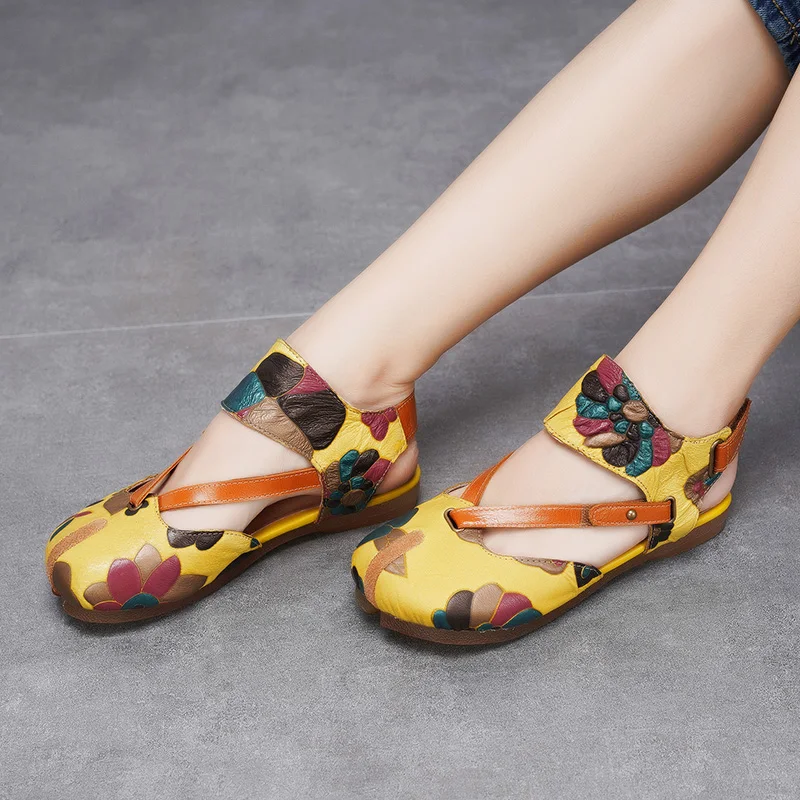 

2019 VALLU Summer Original Leather Shoes Women Sandals Vintage Style Shoes Women Handmade Flowers Design Ladies Flat Sandals