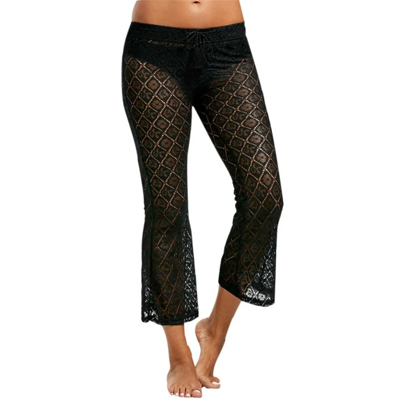 Women elegant Solid Color black pants elastic waist Sexy Lace See Throug European style ladies