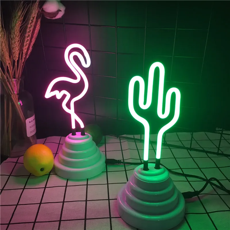 

LED Flamingo Cactus Tube Decoration Neon Light Party Wedding Holiday Home Adorn Night Lamp USB Cable Powered Table Luminaire