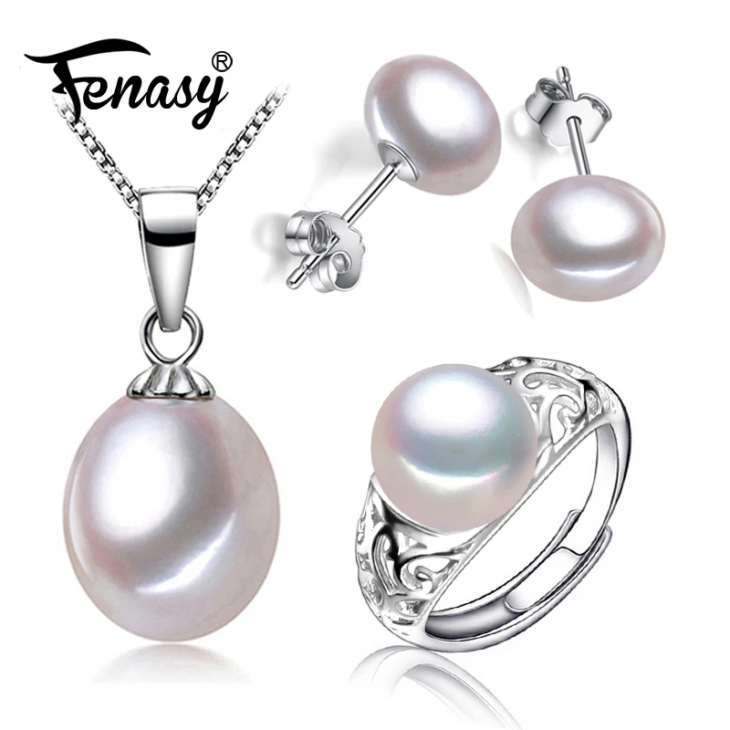 

FENASY Pearl Jewelry Sets 925 Sterling Silver natural pearl pendant necklace with stud earrings necklaces & pendants ring set