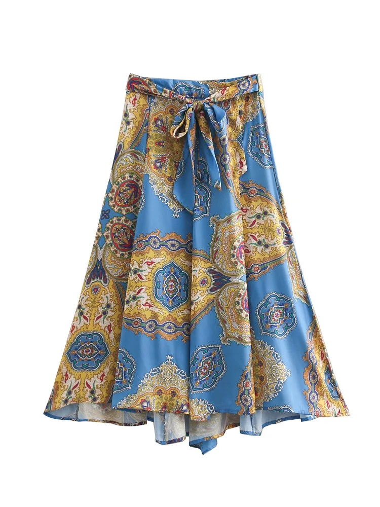 

BBWM WOMAN Za Vintage Chic Painting Print Long Skirts Bow Sashes Stylish Retro Women Pleated A-Line Skirt Casual Jupe Femme