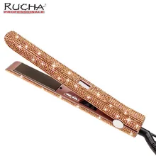 עלה זהב גביש נוצץ עם תצוגה דיגיטלית LCD פניני קריסטל טיטניום ברזל שטוח מחליק שיער סטיילינג כלים