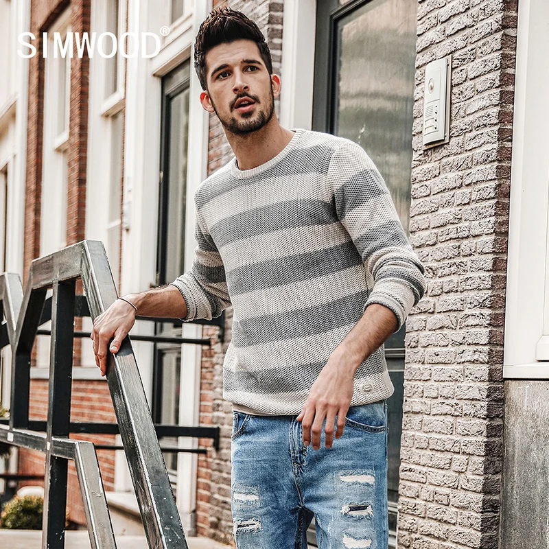 

SIMWOOD 2019 Spring New Striped Sweater Men Contrast Color Slim Fit 100% Cotton O-neck Plus Size Knitted Pullovers MT017015