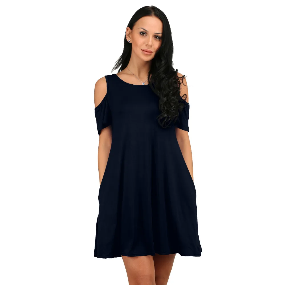Hot Salle Women Cold Shoulder Candy Colors Summer Dress Female Casual Loose Pleated Cotton T Shirt
