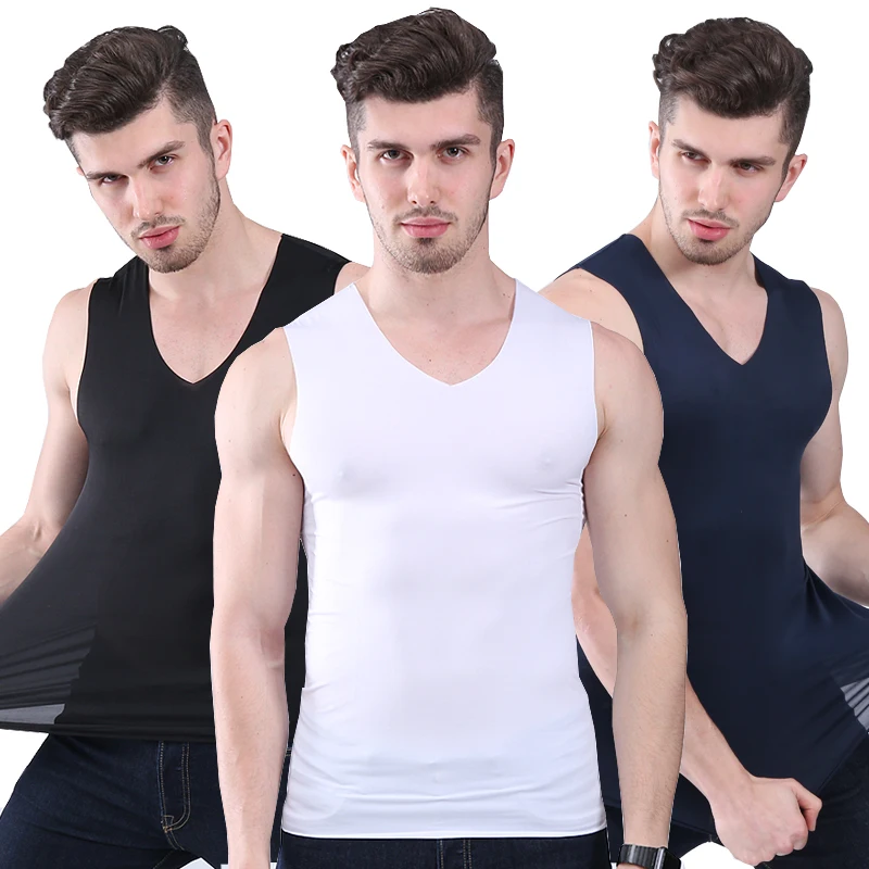 

Summer Men Vest No trace of ice silk vest man slim Tight wide shoulder V-neck sleeveless undershirt men top tanks Cool breathabl