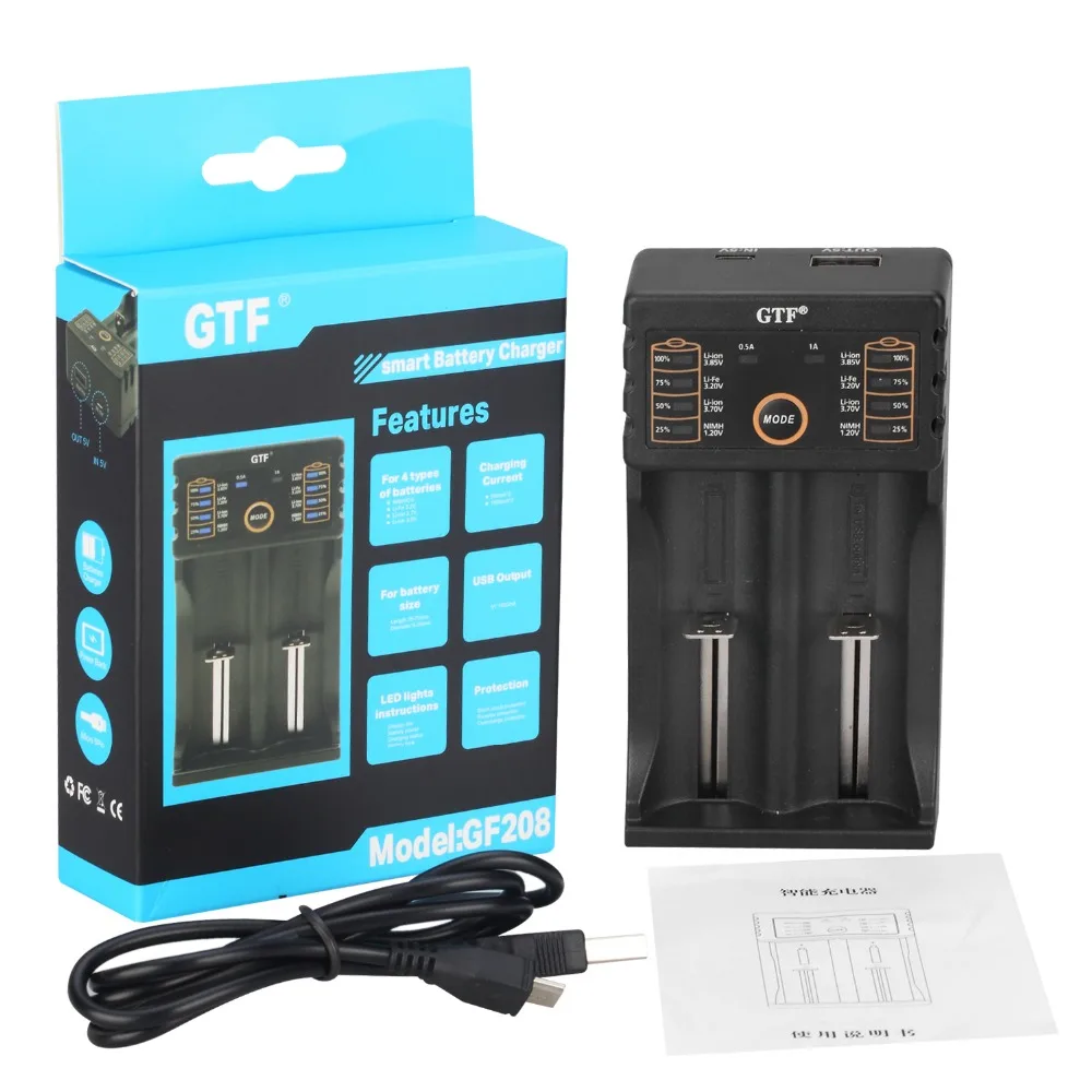 GTF 100% оригинал 2 шт 18650 Батарея с Зарядное устройство 3 7 V 3400 mah NCR18650B литиевых
