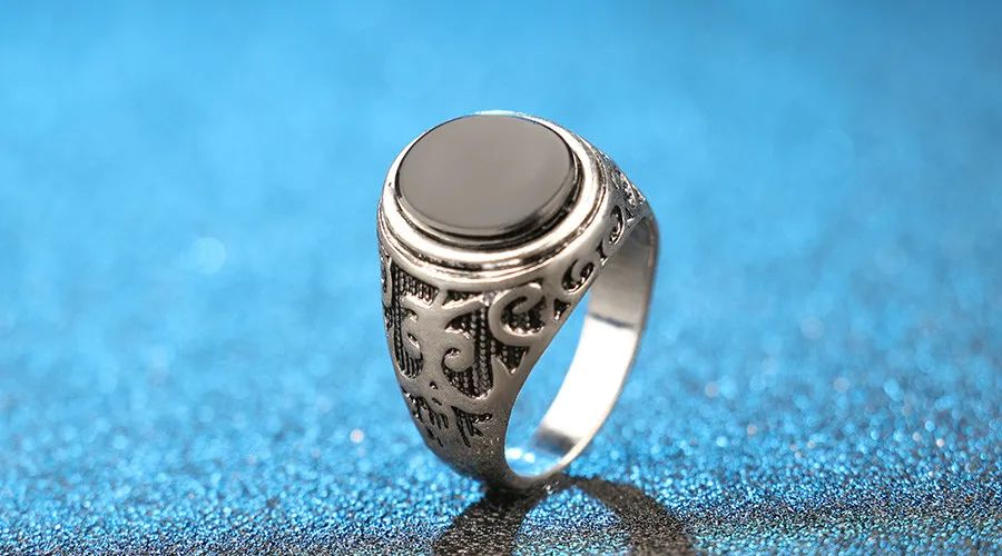 Панк Черное кольцо для мужчин Посеребренная круглая поверхность классический узор модные кольца винтажные мужские ювелирные изделия