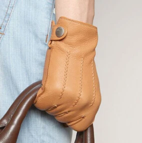 Модные роскошные мужские перчатки из оленьей кожи, однотонные мужские перчатки для вождения, зимние теплые перчатки - Цвет: Light Brown