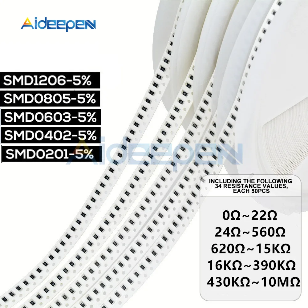 

1700pcs/Pack SMD0201 SMD0402 SMD0603 SMD0805 SMD1206 Resistor Assorted Kit 1ohm-10Mohm