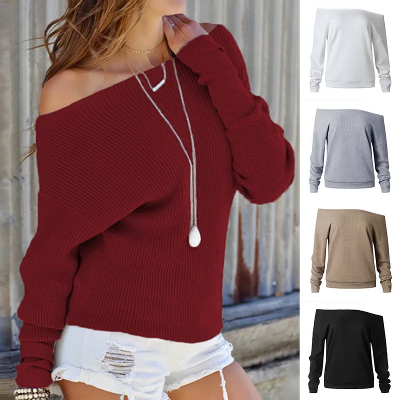 Oeak 2019 New Autunm Winter Sexy long Sleeve Women's Sweater Women's Off Shoulder Loose Fit Knit Sweater