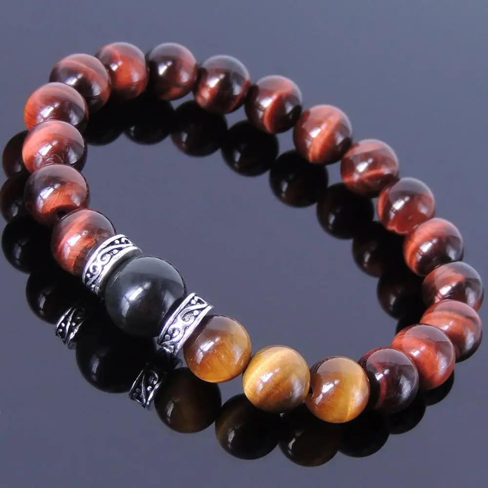 

free shipping Red Tiger Eye Black Obsidian Sterling Silver Bracelet Mens Women DIY-KAREN 204