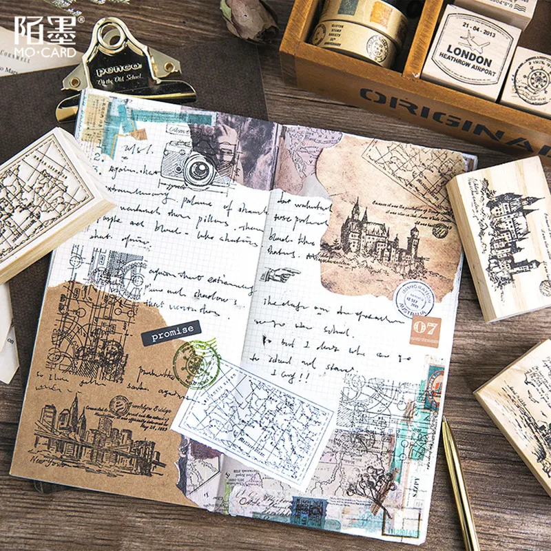 6PCS/LOT Wooden Seal Toy Stamp Album Diary To Decorate DIY Seal The Meaning of Travel Fancy Toy for Children