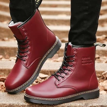 Nouvelle-Angleterre Style Dr PU En Cuir Martin Bottes Martin Chaussures hommes bottes Marque Moto Automne Hiver Bottes En Peluche Rouge Fond fourrure