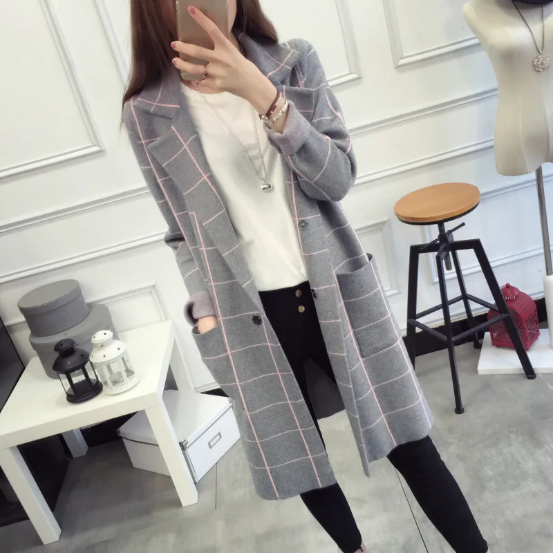 2018 New Autumn Winter High Quality Long Cardigan Women Sweater Long Sleeve Knitted Plaid Cardigans Female Tricot Tops