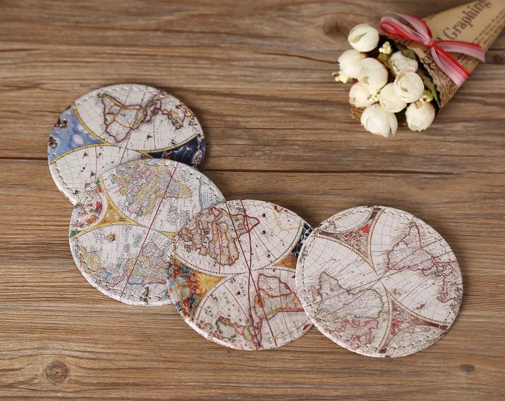 LINKWELL Set of 4 10x10cm Vintage Old World Map Antique Look PU Leather Round Bar Coaster Table Cup Holder Drink Placemat Mat LINKWELL Set of 4 10x10cm Vintage Old World Map Antique Look PU Leather Round Bar Coaster Table Cup Holder Drink Placemat Mat