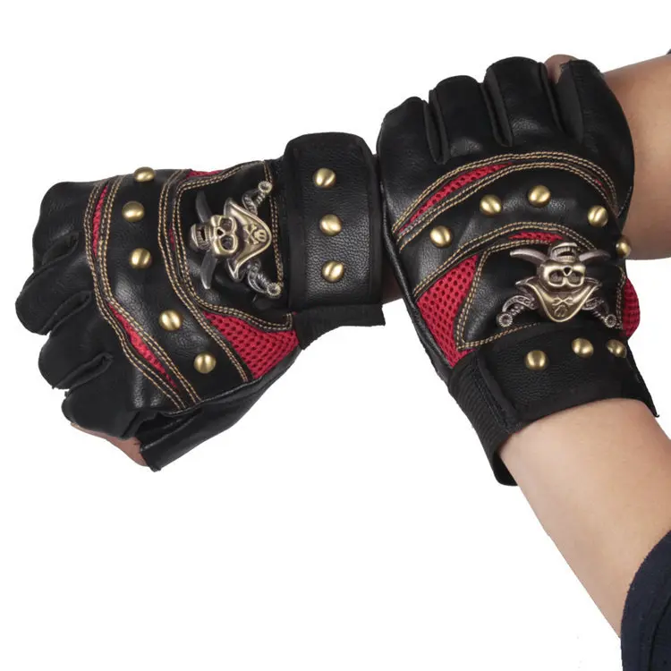 SHOUHOU мужские полупальчиковые перчатки из искусственной кожи летние мужские на половину ладони/ступни металлические череп наружные спортивные перчатки мужские велосипедные перчатки - Цвет: red