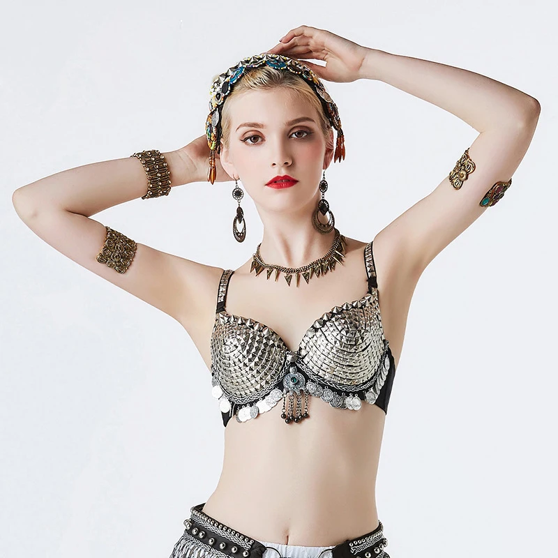 

Belly dance bra ladies dance clothes unique square pieces tribal belly dance coins bead shield Metallic Studs Bra B/C CUP
