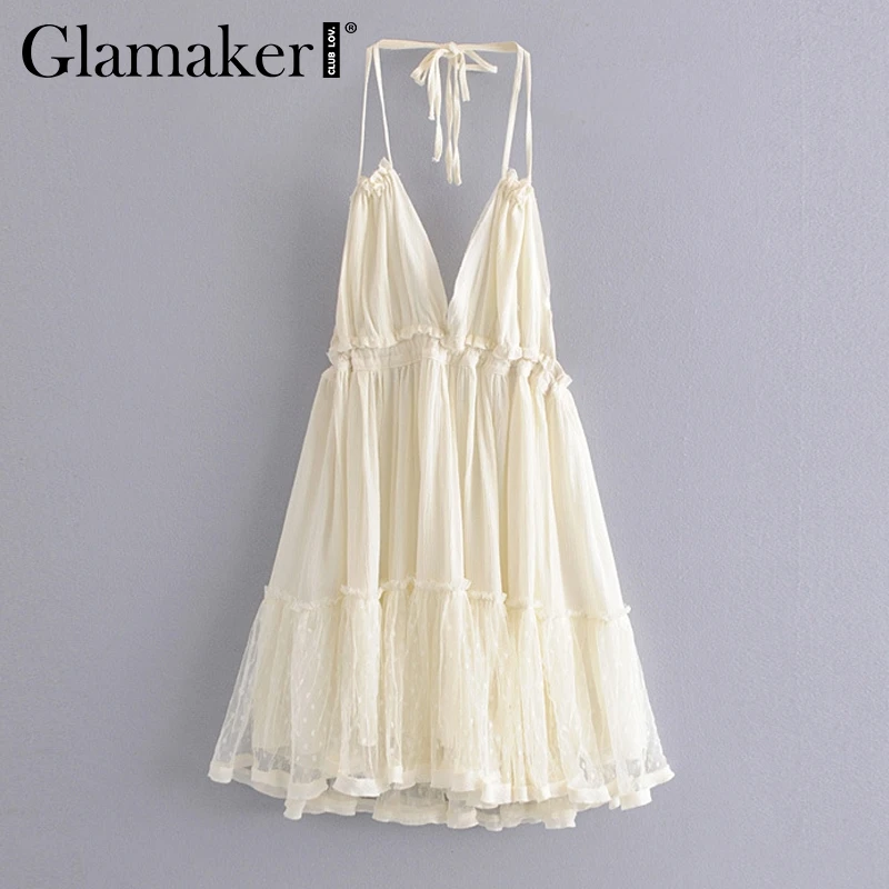 Женское мини платье с лямкой на шее Glamaker белое Сетчатое летнее короткое v