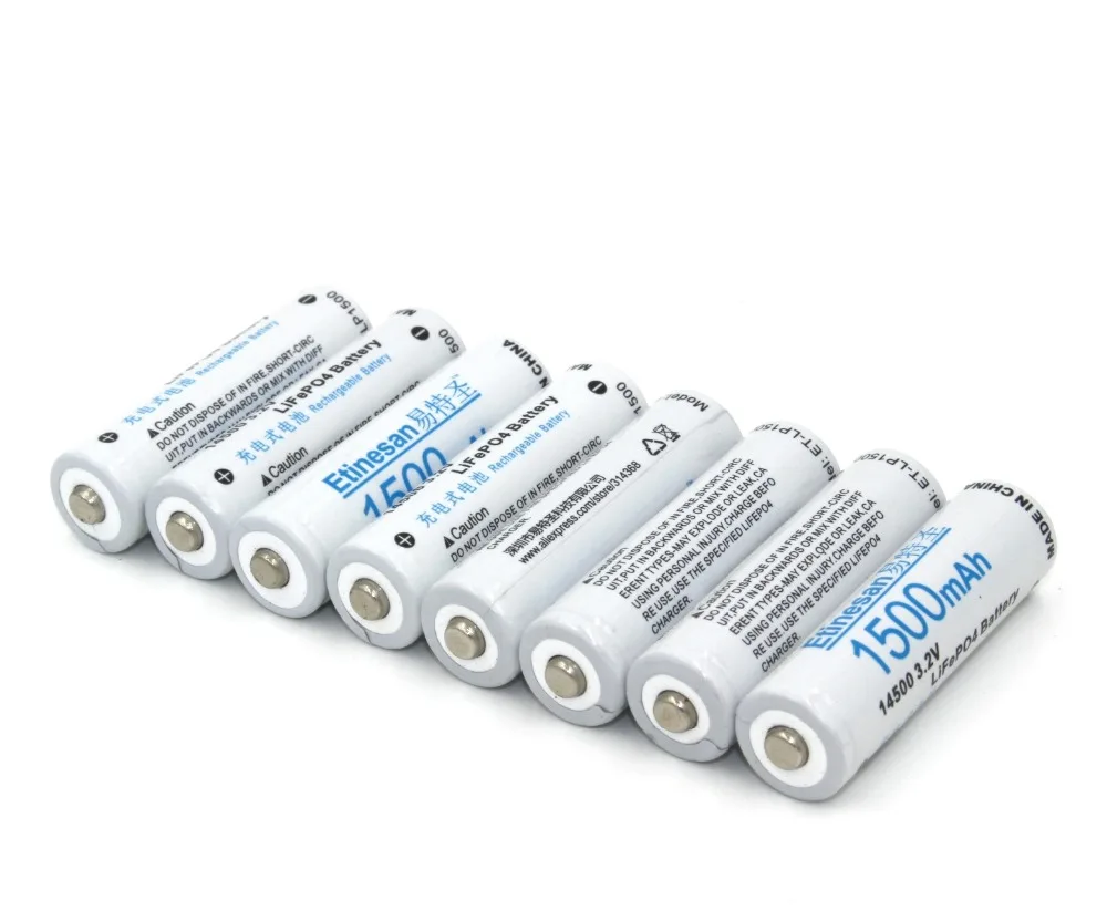 8pcs/lot Etinesan 1500mAh 14500 battery 3.2V LiFePO4 AA Rechargeable li