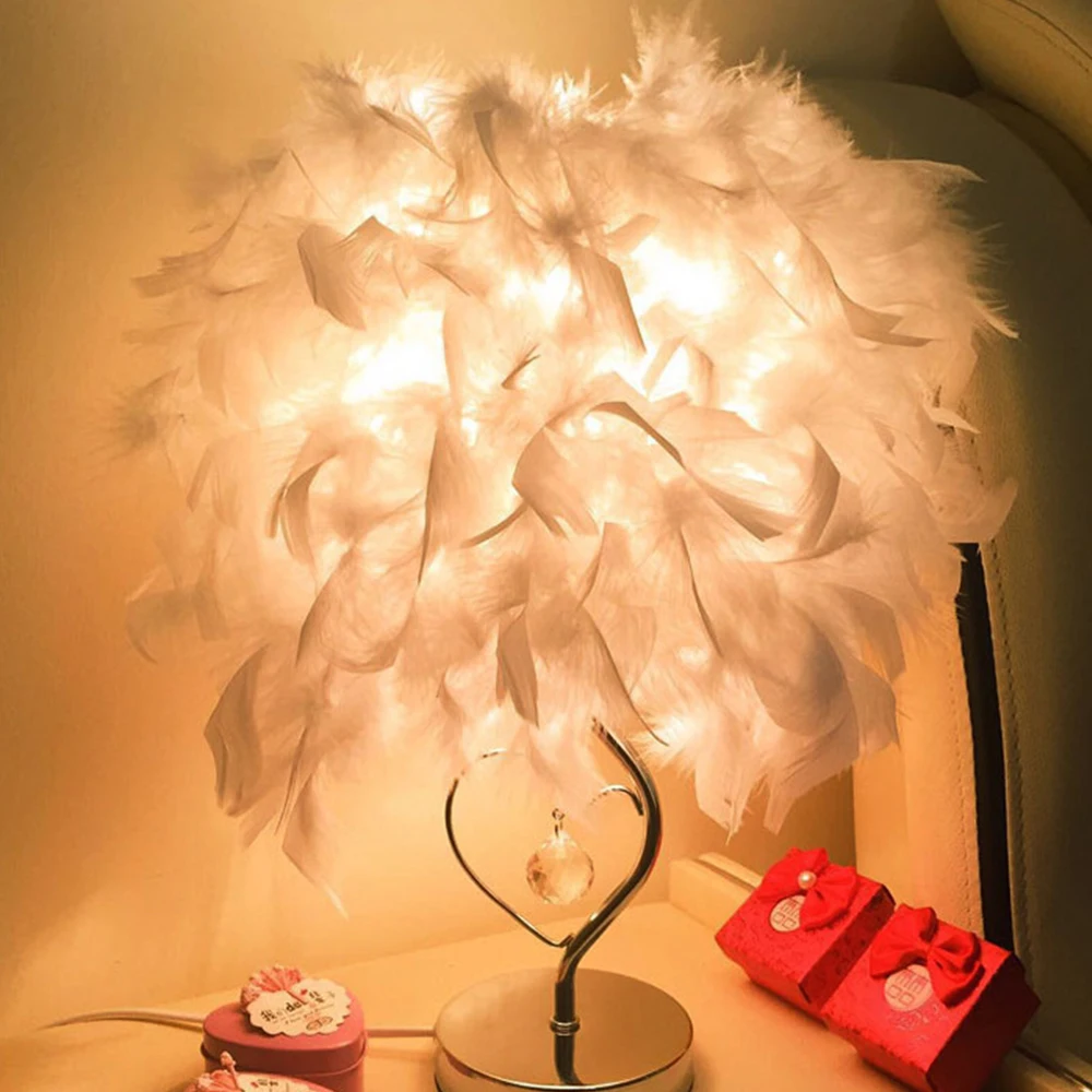 

US Plug Feather Shade Table Lamp Desk Reading LED Light Button Switch For Bedroom Living Room Valentine's Day gift