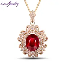 Solid 14K Yellow Gold Natural Diamond Ruby Wedding Women Drop Pendant Necklace Oval 8x10mm Stone Jewelry