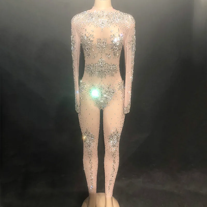 

Sexy Bright Silver Rhinestones Mesh Jumpsuit Perspective Birthday Outfits Women Singer Evening Party Prom Celebrate Dance Wear
