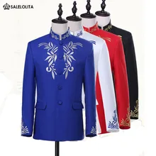 Красный/черный/синий/белый Жених мандарин смокинг костюм Вышивка Стенд воротник китайский туника костюм(куртка+ брюки для девочек