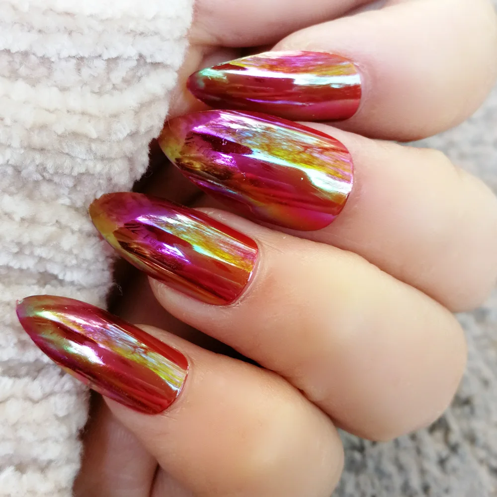 

12PC Mirror Nail Tips Wearable and Ready to Wear Stiletto Capsule False Nails Mirror Red Nail Fake Tips Nep Nagels