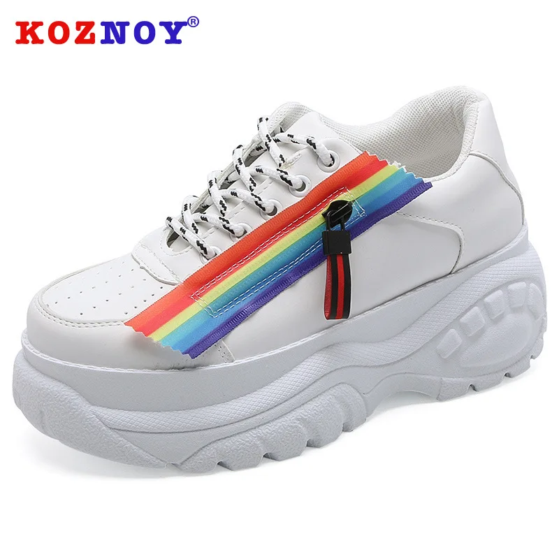 

Koznoy Sneakers Women Spring Dropshipping Leisure Thick Bottom Rainbow Fashion Muffin Bottom Breathable Round Toe White Shoes
