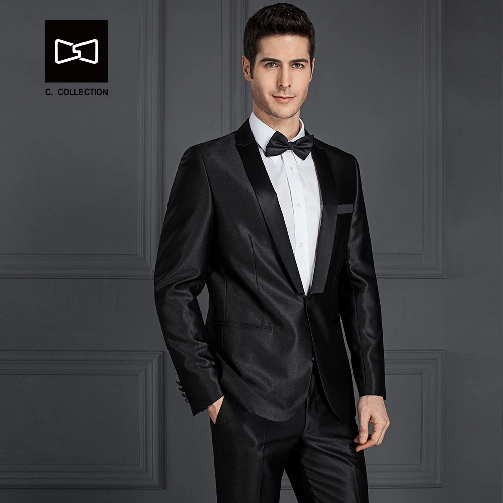 Сшитый на заказ мужской черный блестящий костюм Шавель воротник Slim fit Свадебный