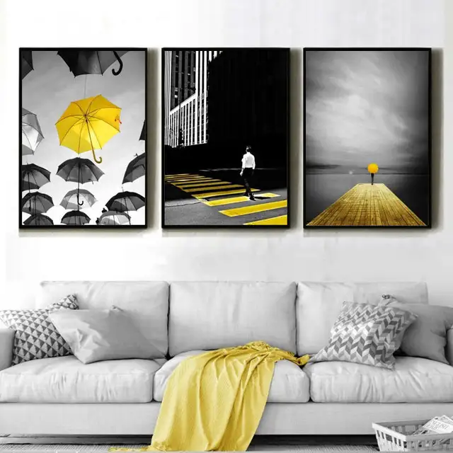 HAOCHU Modern Abstract Black White Yellow Colors City Road Sidewalk