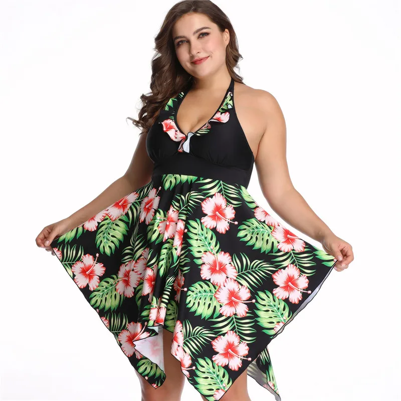 2XL-6XL размера плюс женский купальник из двух частей пуш-ап бикини женские купальники с высокой талией юбки цветочный принт пляжное платье для девочек - Цвет: Зеленый