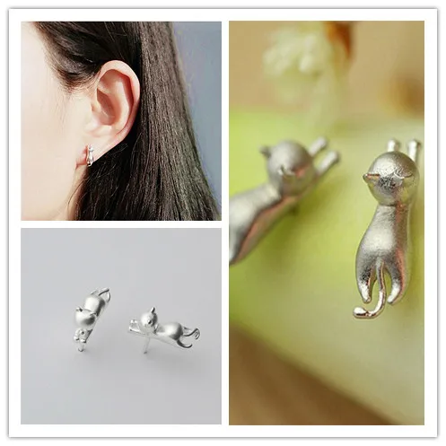 1Pair Silver Earrings Cute Animals Stud 925 Sterling Cat Jewelry For Women Female Fashion Statement | Украшения и аксессуары