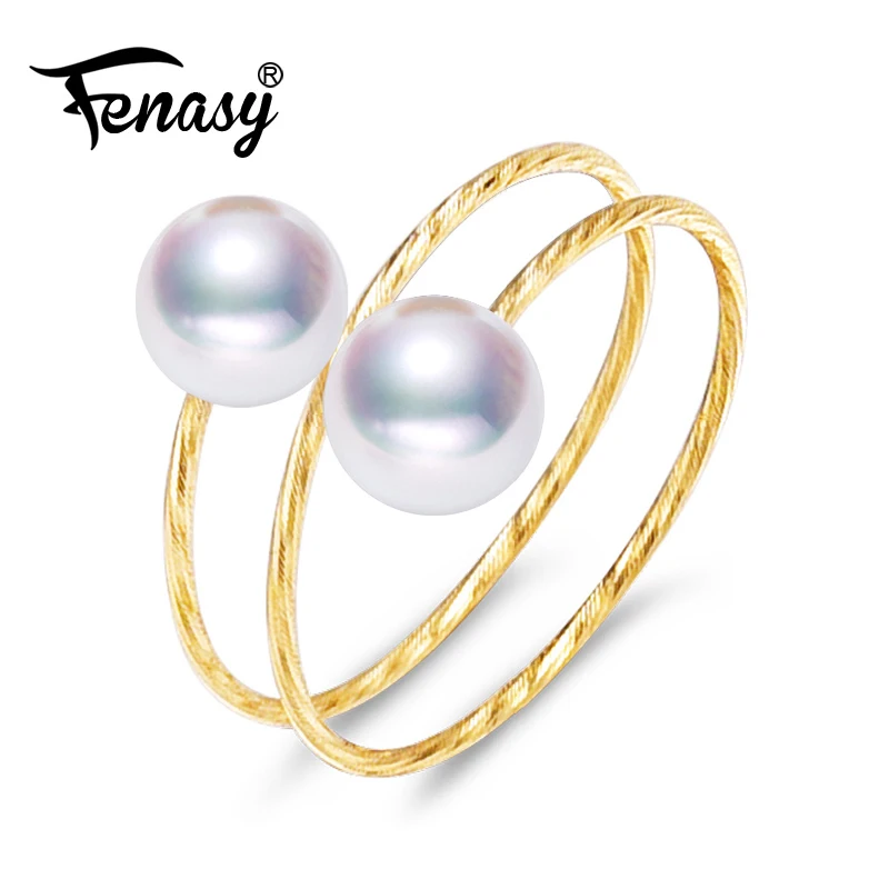 

FENASY Brand 18K Yellow Gold Ring 6-7mm Round Pearl Rings For Women Fine Pearl Jewelry Bridal Wedding Multiple Layers Gold Ring