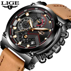 LIGE Для мужчин s часы лучший бренд класса люкс кварцевые часы черный Для мужчин Повседневное кожа военные Водонепроницаемый спортивные
