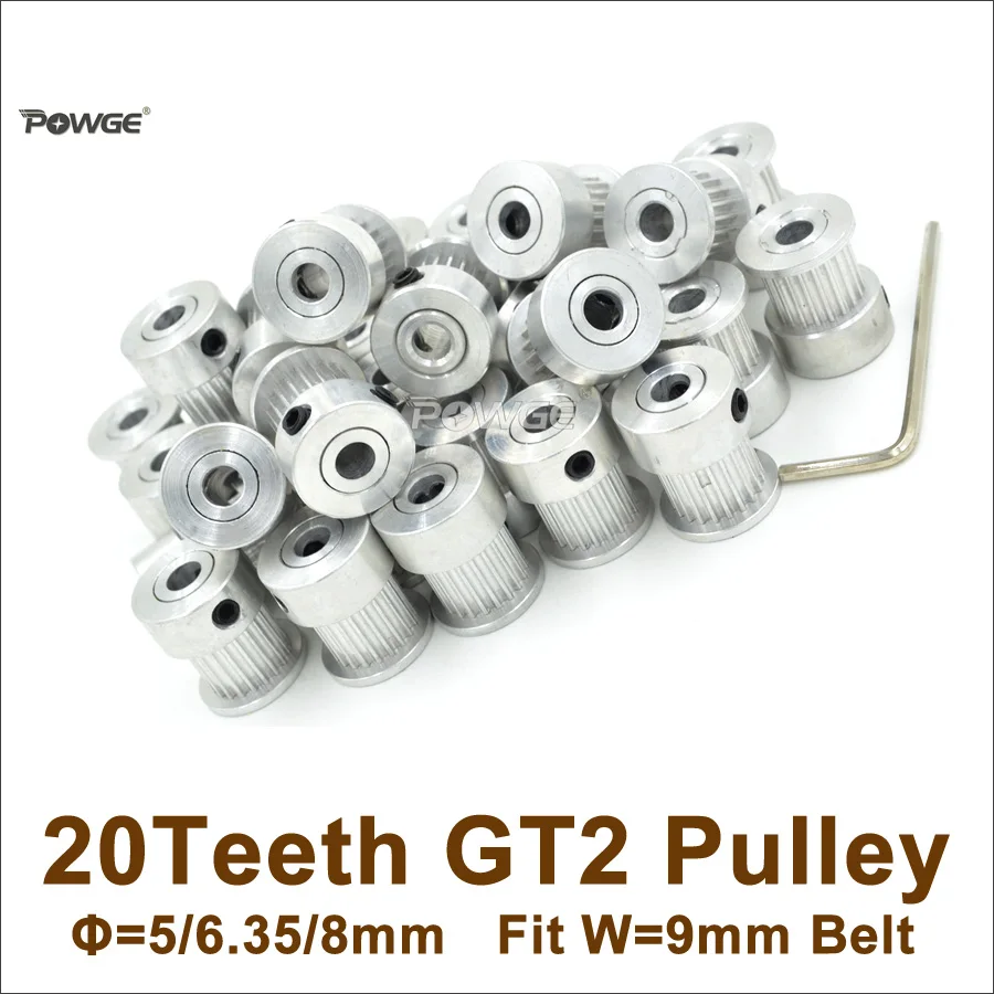 POWGE 50 шт. 20 зубцов GT2 зубчатый шкив Диаметр отверстия 5/6/6.35/8 мм подходящая Ширина = 9