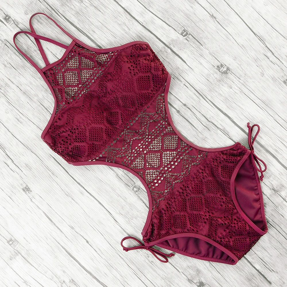 

hollow out sexy lace swimsuit one pieces swimwear women halter bathing suit female backless monokini body suit maillot de bain