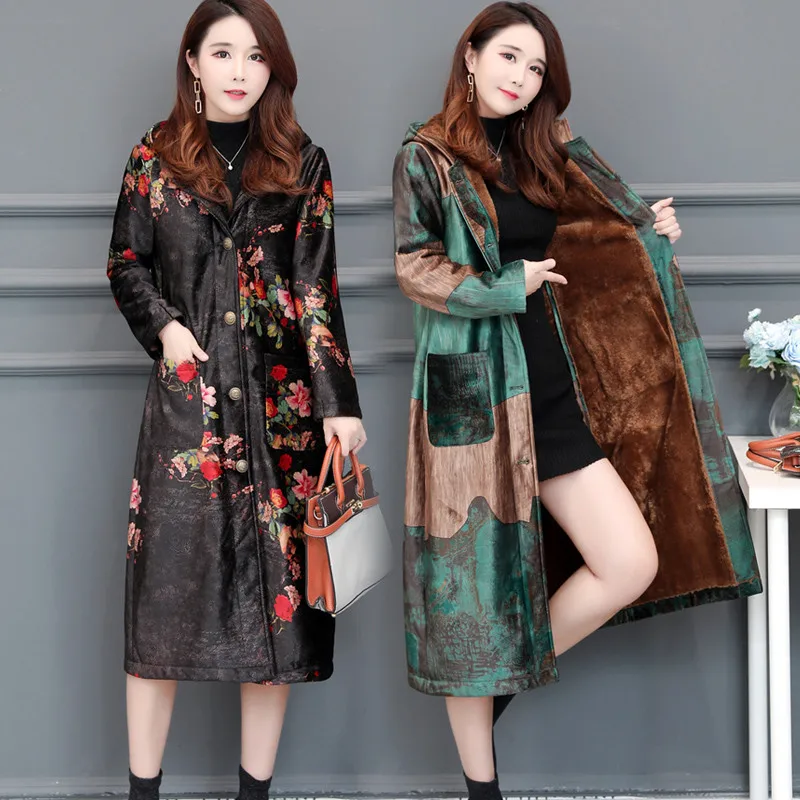 

Gold Velvet Cotton coats Women's long Section Retro Foral Plus Velvet Thick Winter Jacket 2018 new Plus Size cotton clothes X148