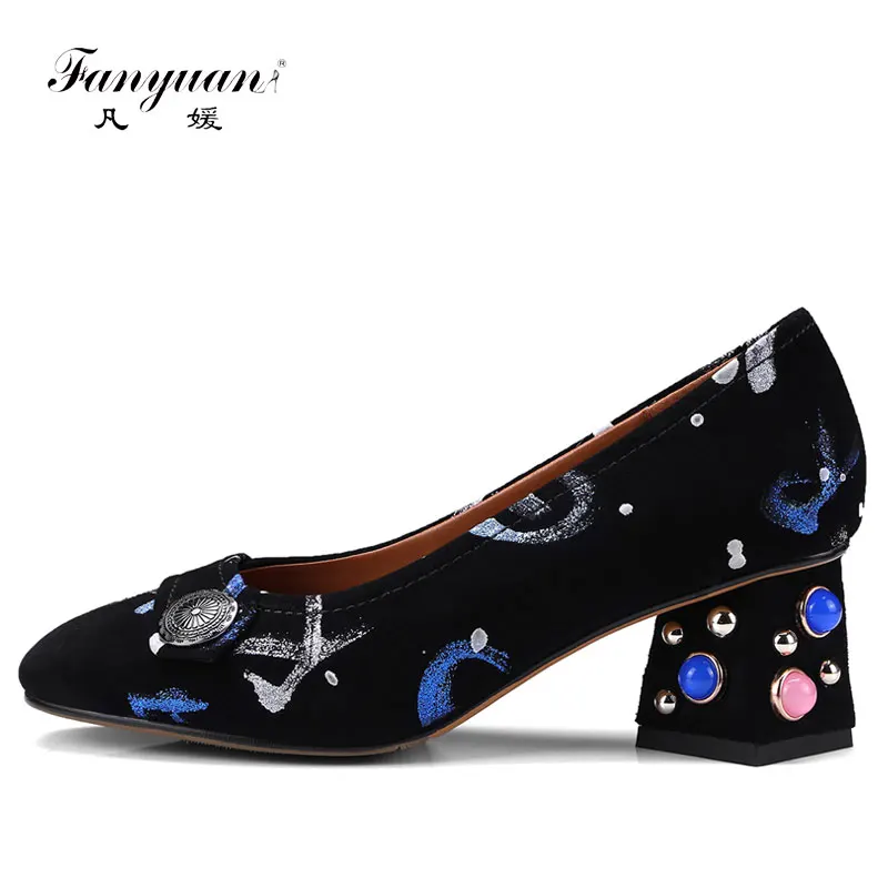 

Fanyuan High Heels Shoes Genuine Leather Women Pumps Graffiti Party Shoes Strange High Heels Pumps Rhinestone Spring Shoes Black