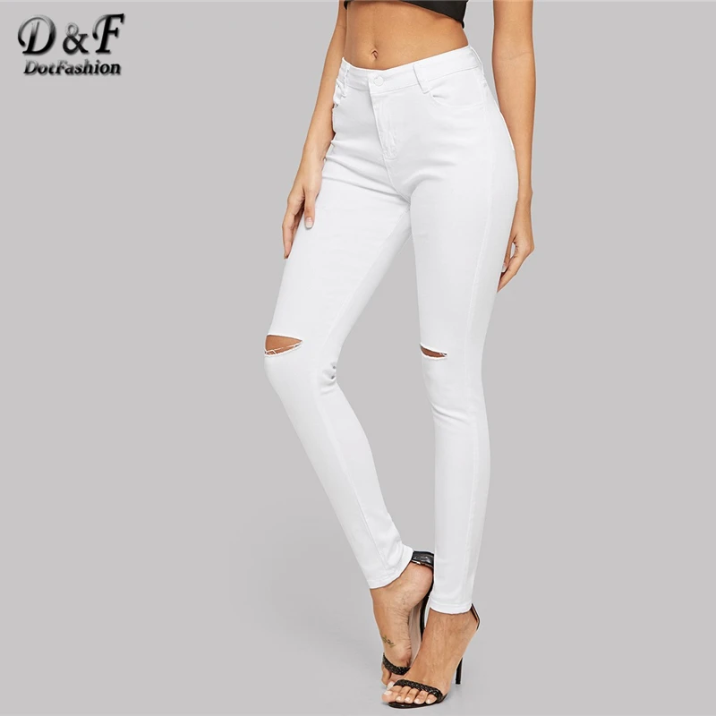 

Dotfashion White Ripped Solid Jeans For Women 2019 Spring Casual Denim Pants Korean Style Jeans Woman Plain Mid Waist Trousers